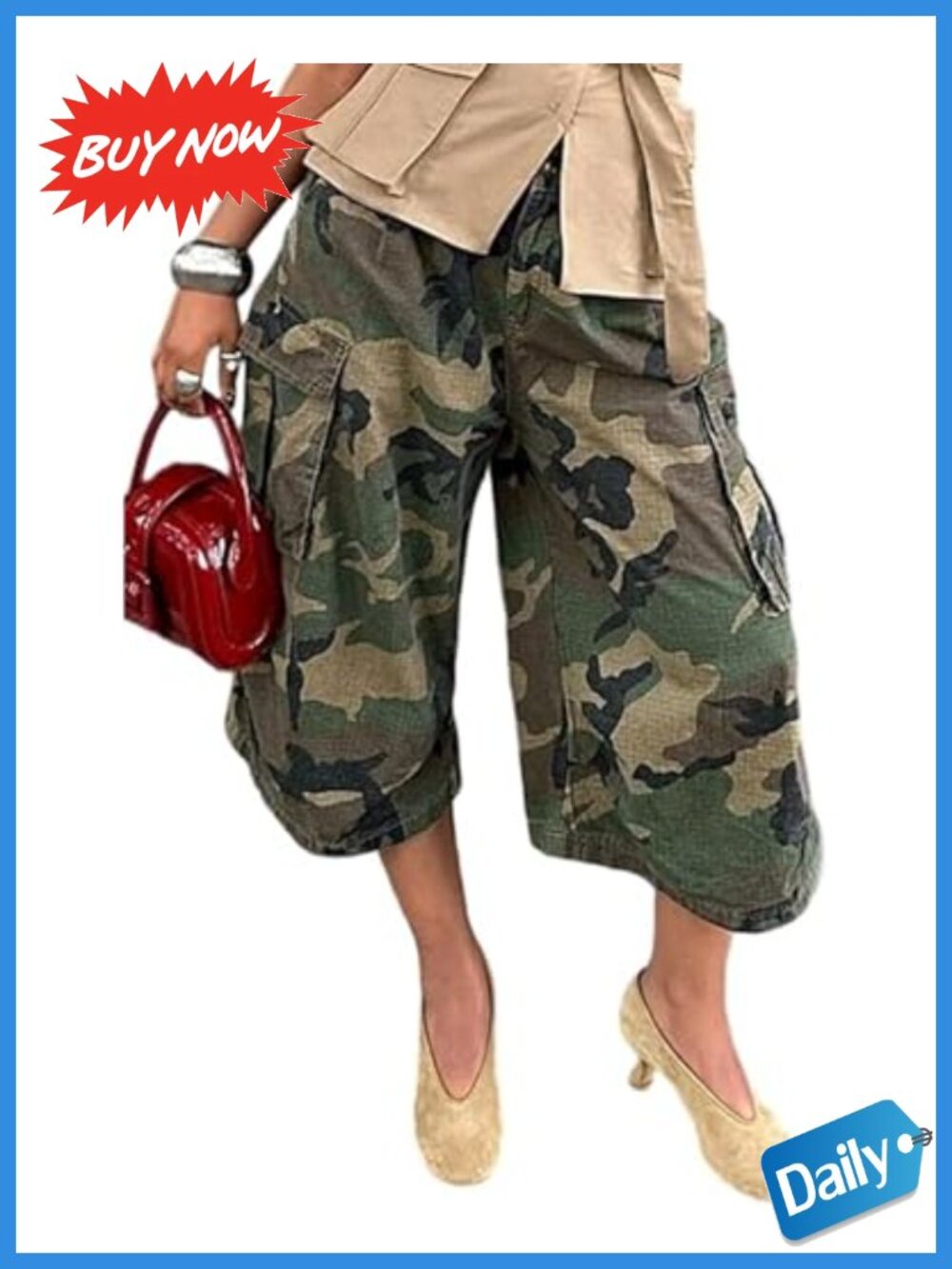 Camo Barrel Cargo Wide Leg Cropped Pants High Waist Polyester Spandex